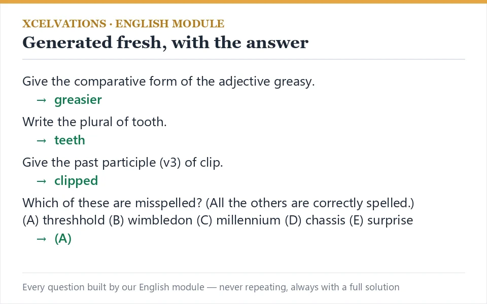 Grammar and spelling questions generated by the Xcelvations English module, each with its answer